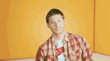 a man in a plaid shirt is giving two thumbs up in front of a yellow wall .
