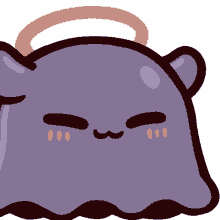 a cartoon drawing of a purple ghost with an orange halo on its head