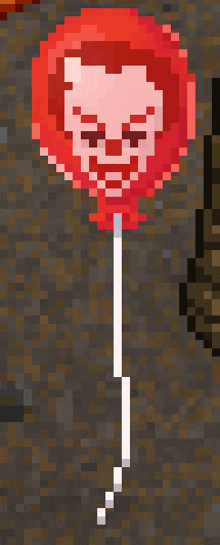a pixel art of a red balloon with a clown face