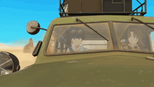 a man and a woman are sitting in a military vehicle looking out the windshield