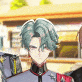 a close up of a person 's face with green hair and red eyes