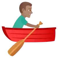 a man is paddling a red boat with a wooden paddle