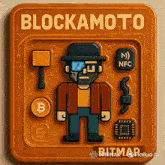 an illustration of a man wearing sunglasses and a hat with the words blockamoto written above him