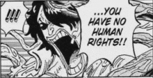 a black and white cartoon of a man screaming and saying `` you have no human rights '' .