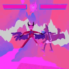 a cartoon of a man standing next to a purple dragon .