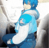 a person with blue hair is sitting in a car with a viggle.ai logo in the corner