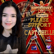 a woman is standing in front of a supernovax advertisement