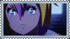a picture of a girl with a purple hair and blue eyes is on a stamp .