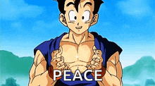 a cartoon character from dragon ball z is holding his chest in front of a blue sky .