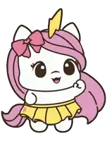 a cartoon drawing of a unicorn with pink hair and a yellow skirt
