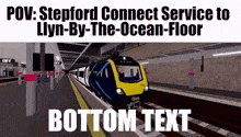 a train is going down the tracks at a station with a caption that says bottom text .