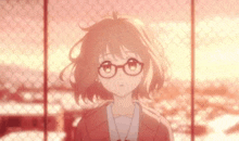 a girl wearing glasses is standing in front of a chain link fence at sunset .