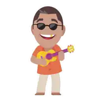 a man wearing sunglasses is holding a guitar and smiling