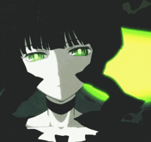 a close up of a girl with green eyes and black hair