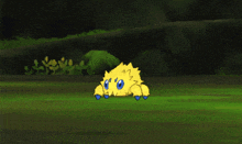 a yellow frog with blue eyes is running on a grassy field