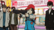 a group of people are standing in front of a sign that says uaq butcher 8