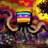 a colorful painting of an octopus with a tv on it 's head