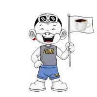 a cartoon character holding a flag with a cup of coffee behind him