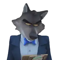 a cartoon wolf is wearing a suit and tie and holding a clipboard