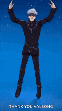 a man in a black suit is dancing in front of a blue background with stars .