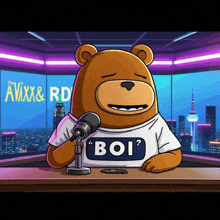 a cartoon bear is wearing a shirt that says boi on it
