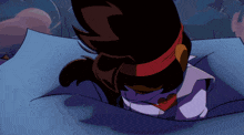 a cartoon character is laying on a bed with his head on the pillow