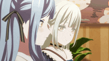 two anime girls are standing next to each other and looking at each other
