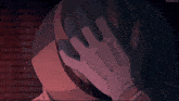 a drawing of a person covering their face with their hand with a red background