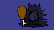 a drawing of a monster holding a chicken leg on a blue background