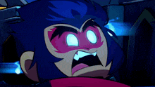 a cartoon character with a scarf around his neck screams in a dark room