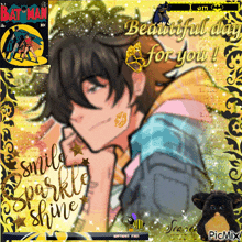 a picture of a boy with the words smile sparkle shine written on it
