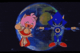 a cartoon of amy and metal sonic dancing in front of the earth