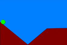 a drawing of a blue sky with a red hill and a green circle in the middle