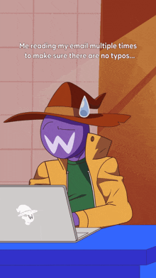 a cartoon of a man with a w on his face sitting in front of a laptop computer