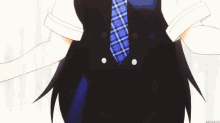 a close up of a girl with long hair and red eyes wearing a school uniform and tie .