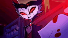 a cartoon character with red eyes is holding a piece of paper in his hand