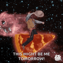 a man in a cowboy hat is jumping over a slice of pizza