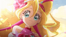a girl with blonde hair and blue eyes is wearing a pink and red dress