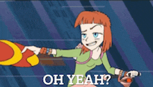 a cartoon girl is holding a frisbee and pointing at it with the words oh yeah behind her