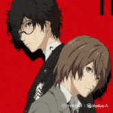 a couple of anime characters standing next to each other with a red background that says hailuo ai on the bottom