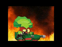 a cartoon character is holding a gun in front of fire .