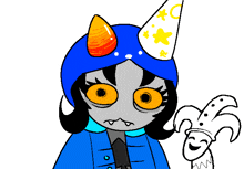 a drawing of a troll wearing a party hat and holding a jester hat