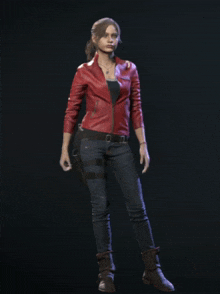 a woman wearing a red leather jacket and jeans holds a gun
