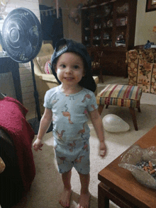 a toddler wearing a hat and a flamingo shirt stands in a living room