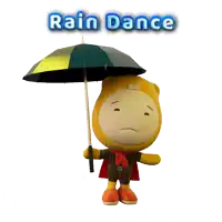 a cartoon character is holding an umbrella and the words rain dance are above him