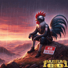 a rooster is sitting on a rock with a sign that says sv388 on it