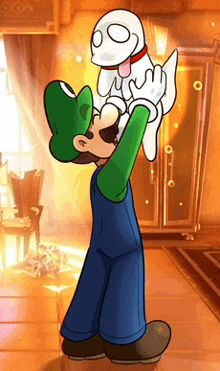 a cartoon of luigi holding a white ghost in his hands