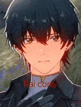 a close up of a person 's face with the word rai core written on it