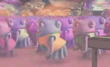 a group of colorful cartoon characters are dancing in a room .