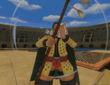 a man in a yellow and green outfit holds a large pole